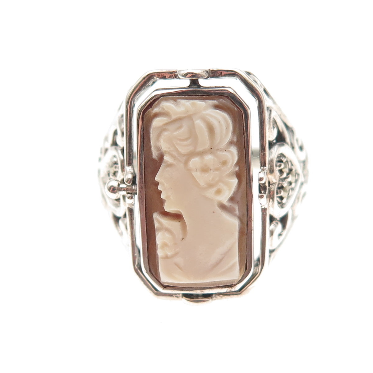 925 Sterling Silver Vintage Sapphire Onyx MOP Lady Cameo Reversible Ring Size 9