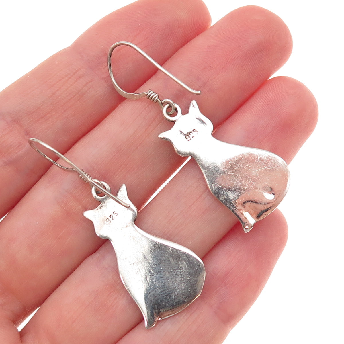 925 Sterling Silver Vintage Cat Oxidized Dangle Earrings