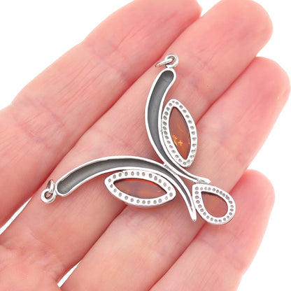 925 Sterling Silver Vintage Real Amber Modernist Centerpiece Pendant