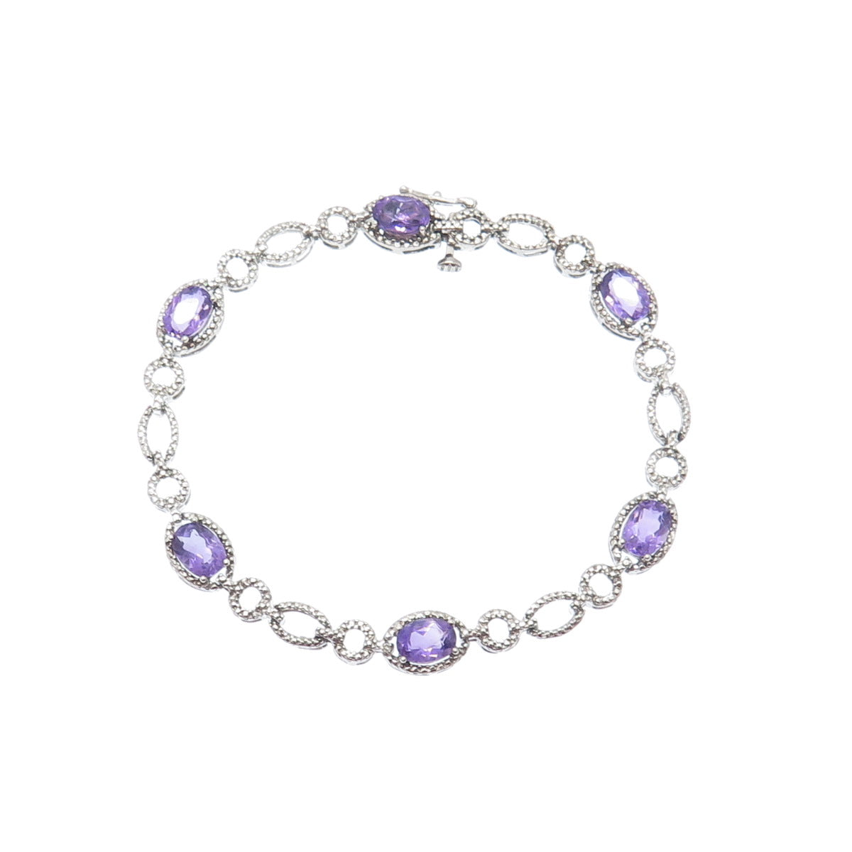 925 Sterling Silver Real Diamond Accent & Amethyst Gem Rolo Link Bracelet 7.25"