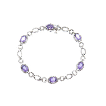 925 Sterling Silver Real Diamond Accent & Amethyst Gem Rolo Link Bracelet 7.25"