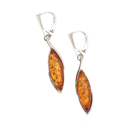 925 Sterling Silver Vintage Real Amber Modernist Dangle Earrings