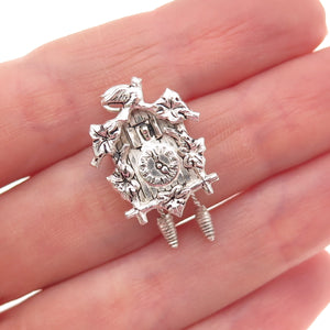 800 Silver Antique Art Deco Cuckoo Clock Oxidized 3D Charm Pendant