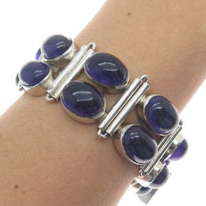 925 Sterling Silver Vintage Real Amethyst Cluster Link Solid 84.3g Bracelet 7"