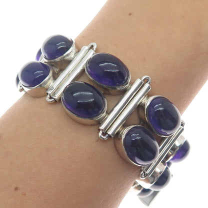925 Sterling Silver Vintage Real Amethyst Cluster Link Solid 84.3g Bracelet 7"