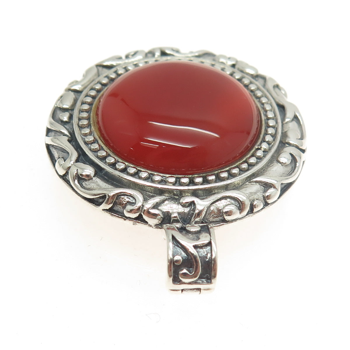 925 Sterling Silver Vintage Real Carnelian Gemstone Ornate Pendant