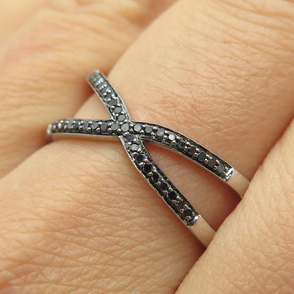 925 Sterling Silver Real Round-Cut Black Diamond Crisscross Ring Size 7.75