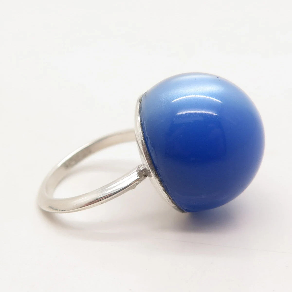 925 Sterling Silver Vintage Fiber Optic Cat's Eye Gem Round Domed Ring Size 5