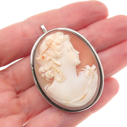 800 Silver Antique Art Deco Real MOP Carved Lady Cameo Pin Brooch / Pendant