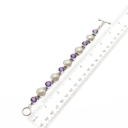 925 Sterling Silver Vintage Real Pearl & Amethyst Modernist Bracelet 7"