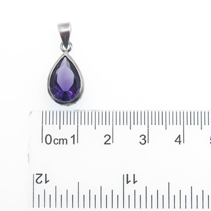 925 Sterling Silver Vintage Real Pear-Cut Amethyst Dotted Minimalist Pendant