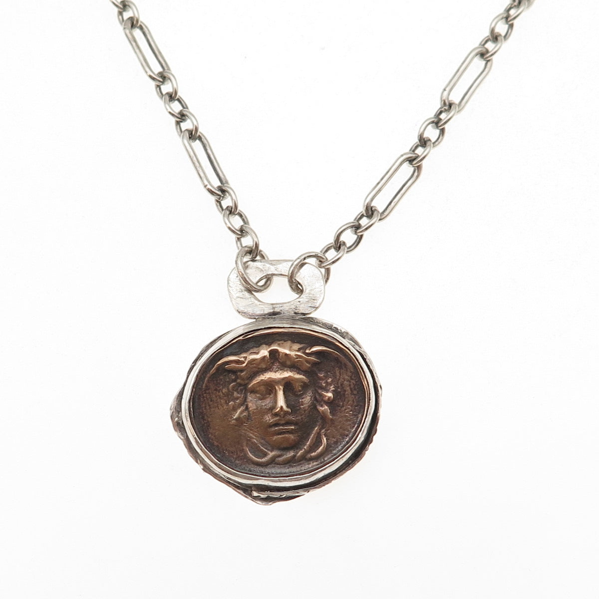 925 Sterling Silver 2-Tone Vintage Medusa Greek Coin Chain Necklace 16"