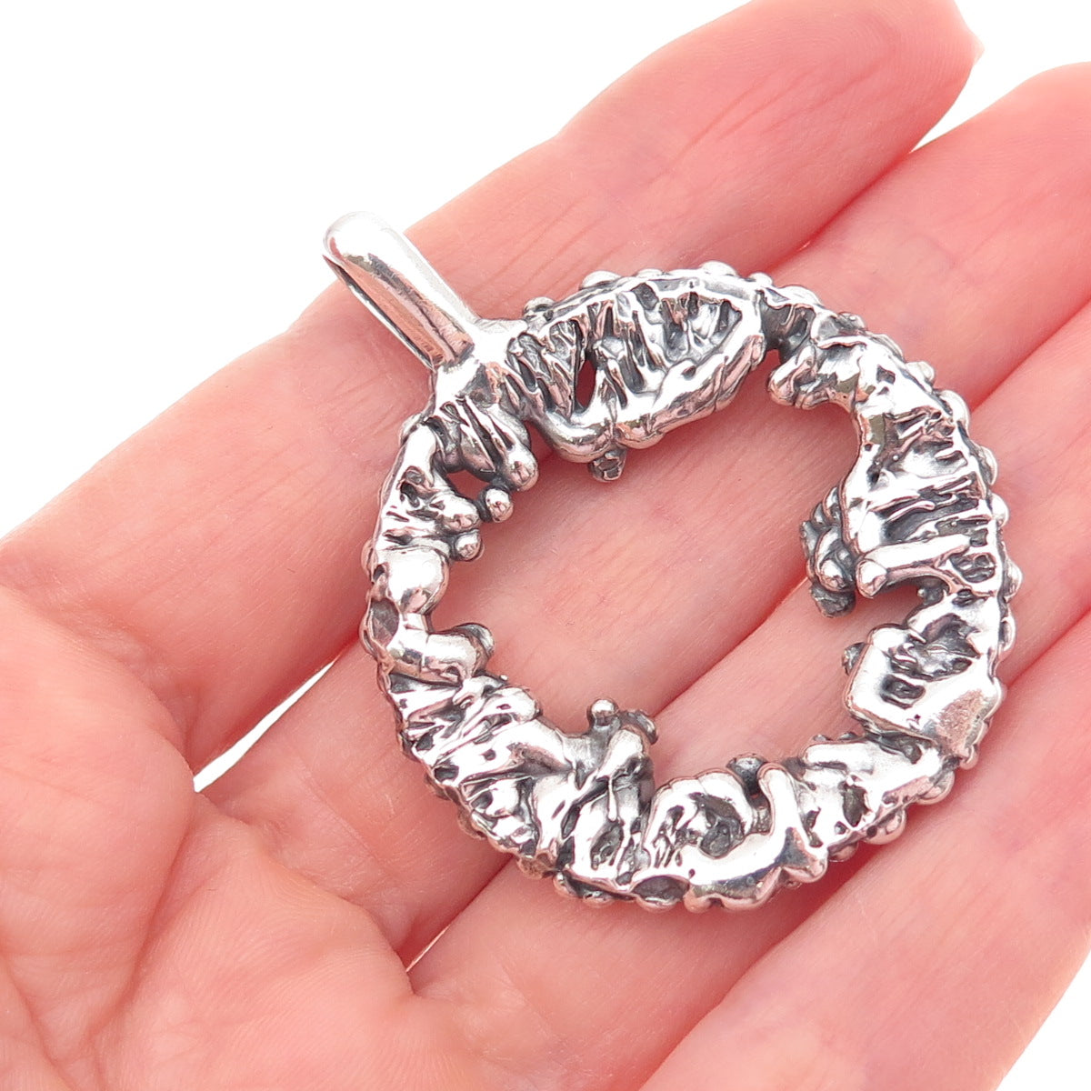 925 Sterling Silver Vintage Modernist Nugget Circle Oxidized Pendant