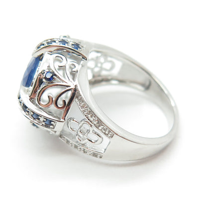 DSMK 925 Sterling Silver Sapphire & White Topaz Gem Ornate Dome Ring Size 7.25