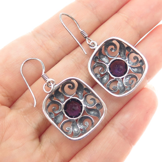 925 Sterling Silver Vintage Real Amethyst Floral Oxidized Dangle Earrings