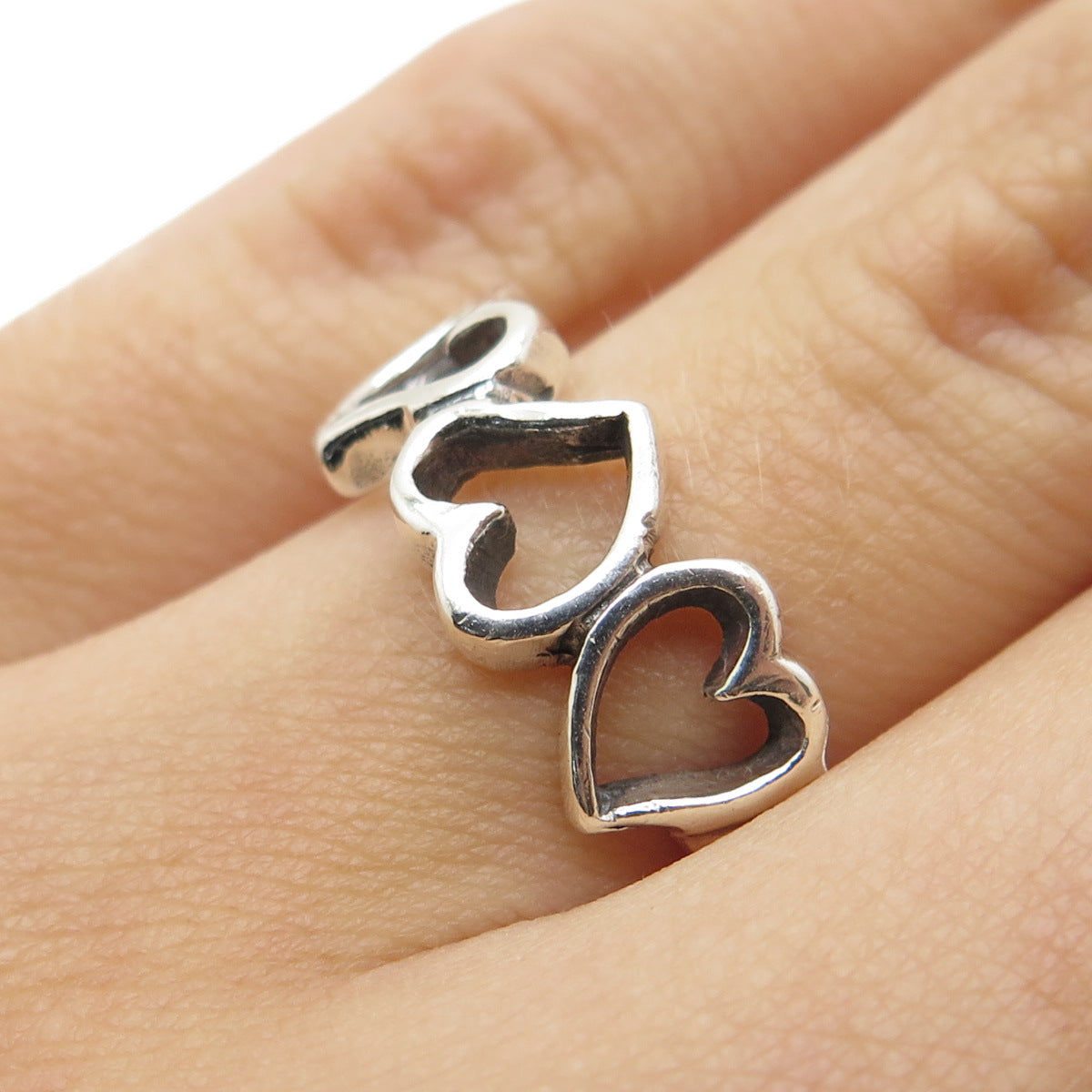 925 Sterling Silver Vintage Triple Heart Oxidized Ring Size 6.75