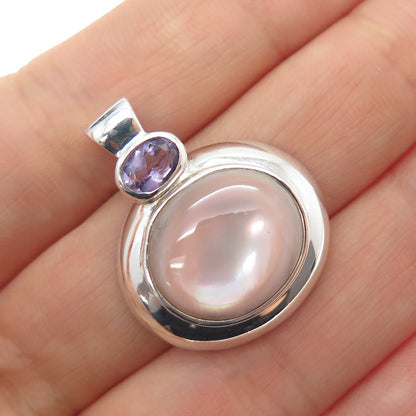 925 Sterling Silver Vintage Real MOP & Amethyst Modernist Charm Pendant