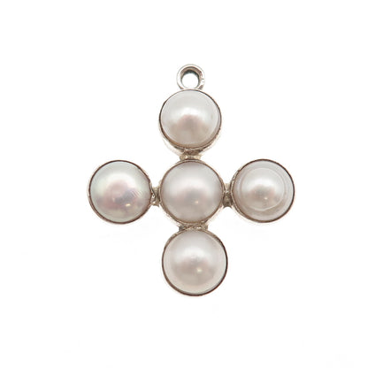 925 Sterling Silver Vintage Real Pearl Cross Beaded Charm Pendant