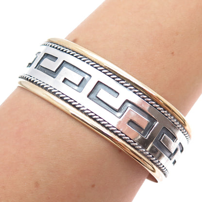 925 Sterling Silver 2-Tone Vintage Tribal Maze Adjustable Cuff Bracelet 7"