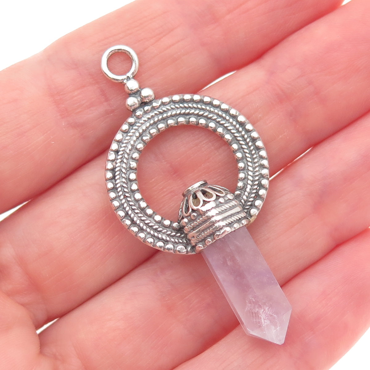 925 Sterling Silver Vintage Real Amethyst Circle of Life Amulet Oxidized Pendant