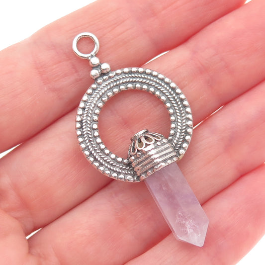 925 Sterling Silver Vintage Real Amethyst Circle of Life Amulet Oxidized Pendant