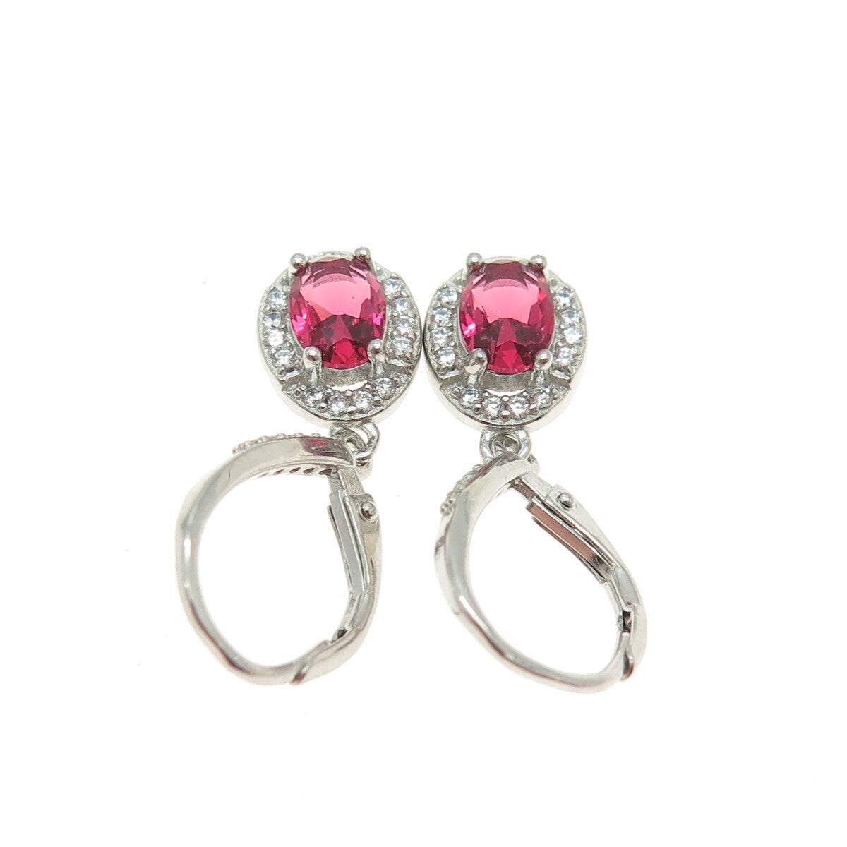 925 Sterling Silver Pink Oval-Cut & White Round-Cut Shaped C Z Dangle Earrings