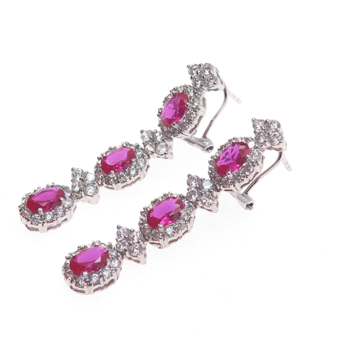925 Sterling Silver Lab-Created Ruby & C Z Dangle Earrings