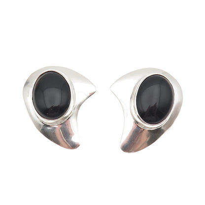 925 Sterling Silver Vintage Real Black Onyx Modernist Clip On Earrings