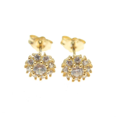 925 Sterling Silver Gold Plated Round-Cut C Z Floral Stud Earrings