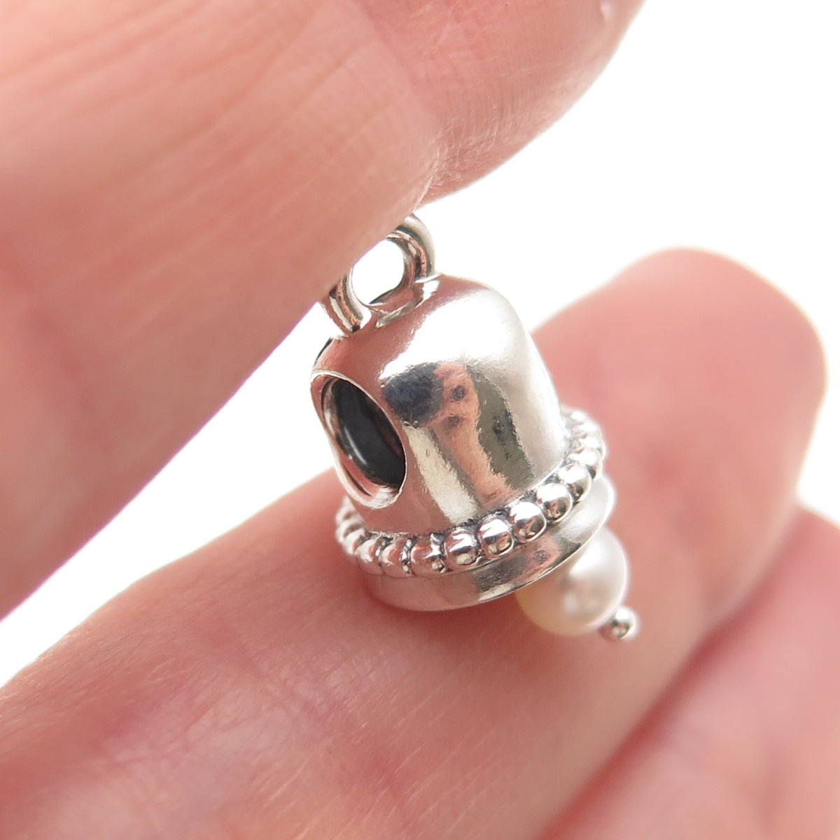 Pandora 925 Sterling Silver Real Pearl Wedding Bell Slide Bead Charm Pendant