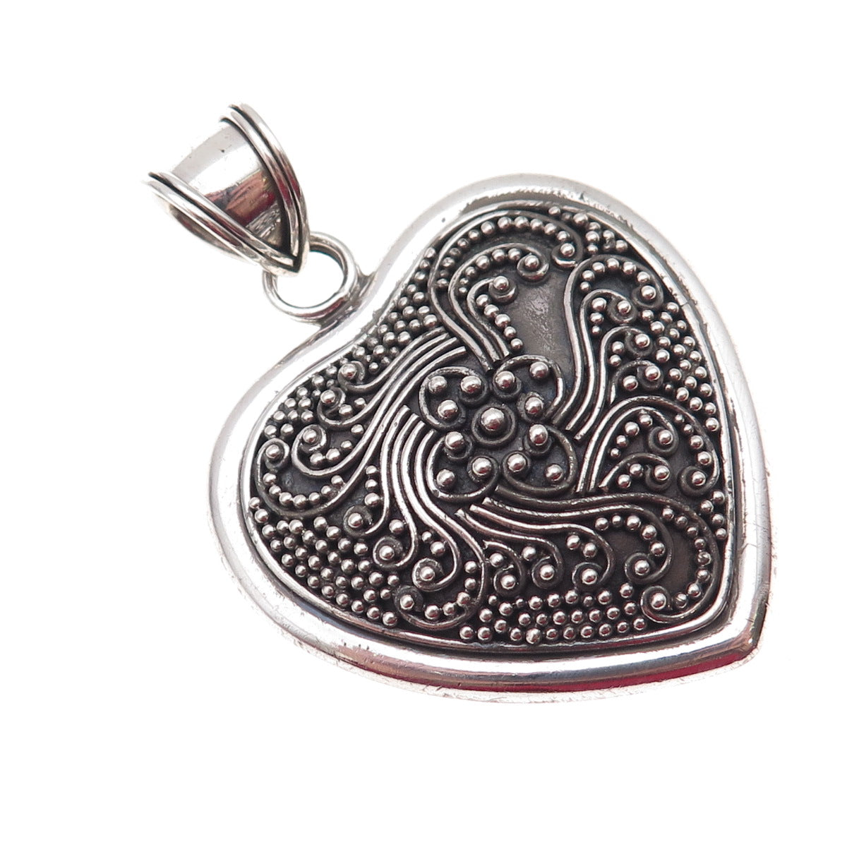 Suarti Bali 925 Sterling Silver Vintage Granulated Floral Heart Oxidized Pendant