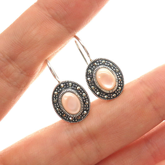 925 Sterling Silver Vintage Real MOP & Marcasite Dangle Earrings
