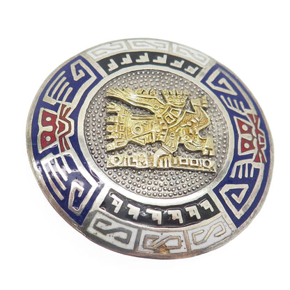 925 Sterling Silver & 18K Gold Vintage Peru Enamel Inca Deity Pin Pendant