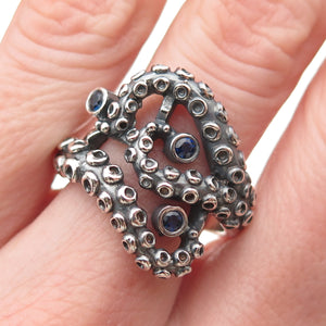 925 Sterling Silver Vintage Real Sapphire Octopus Oxidized Ring Size 8.25