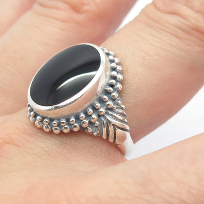 925 Sterling Silver Vintage Real Black Onyx Gem Oval Beaded Ring Size 7.25
