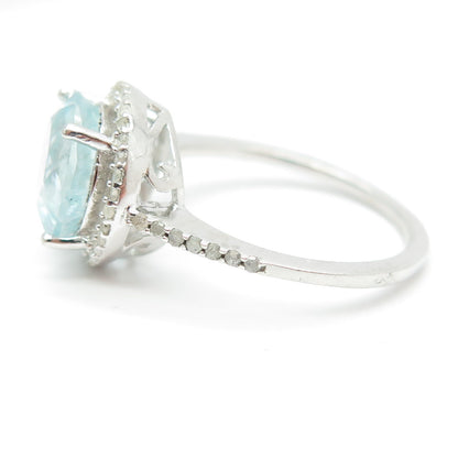 925 Sterling Silver Real Diamond Approx. 0.35ct & Aquamarine Gem Ring Size 8