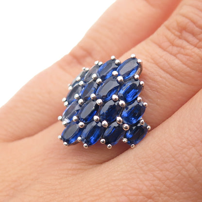 925 Sterling Silver Real Oval-Cut Sapphire Cluster Ring Size 5.5