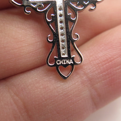HAN 925 Sterling Silver Real Round-Cut White Diamond Cross Pendant