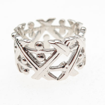 925 Sterling Silver Zig Zag Beaded Wide Band Ring Size 9.25
