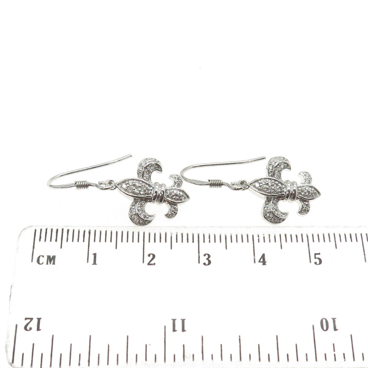 925 Sterling Silver Round-Cut C Z Fleur de Lis Dangling Earrings