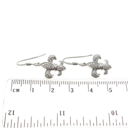 925 Sterling Silver Round-Cut C Z Fleur de Lis Dangling Earrings