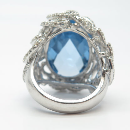 925 Sterling Silver Blue Glass & C Z Statement Ring Size 8