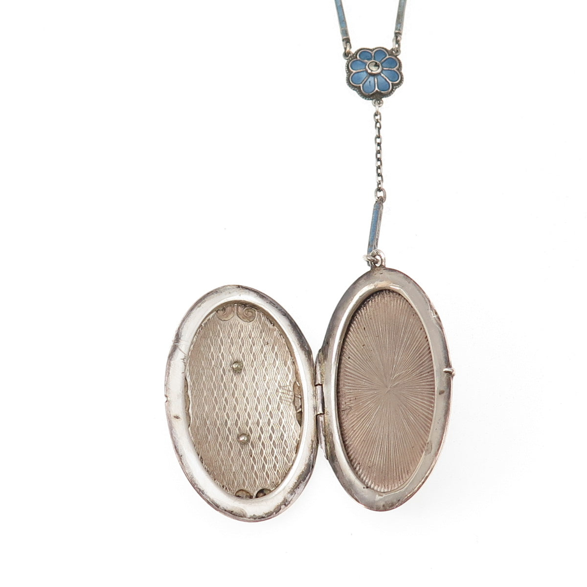 925 Sterling Silver Antique Enamel Marcasite Locket Necklace 30" (missing stone)