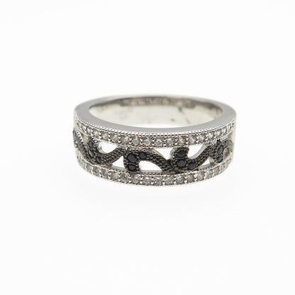 FOREVER 925 Sterling Silver Round-Cut Black & White C Z Ring Size 6.5