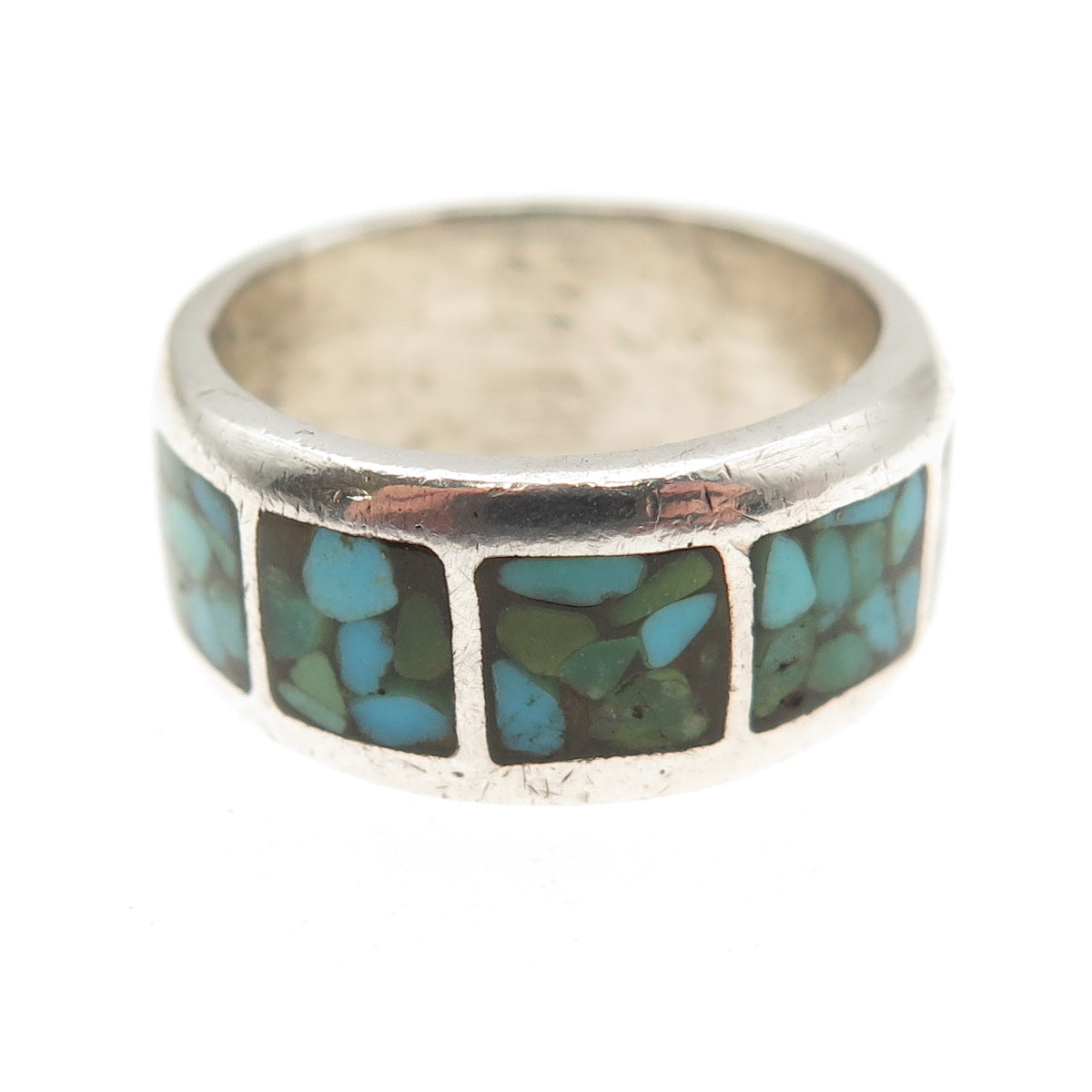 Old Pawn Sterling Silver Vintage Southwestern Turquoise Inlay Band Ring Size 6.5