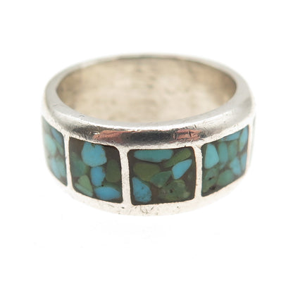Old Pawn Sterling Silver Vintage Southwestern Turquoise Inlay Band Ring Size 6.5