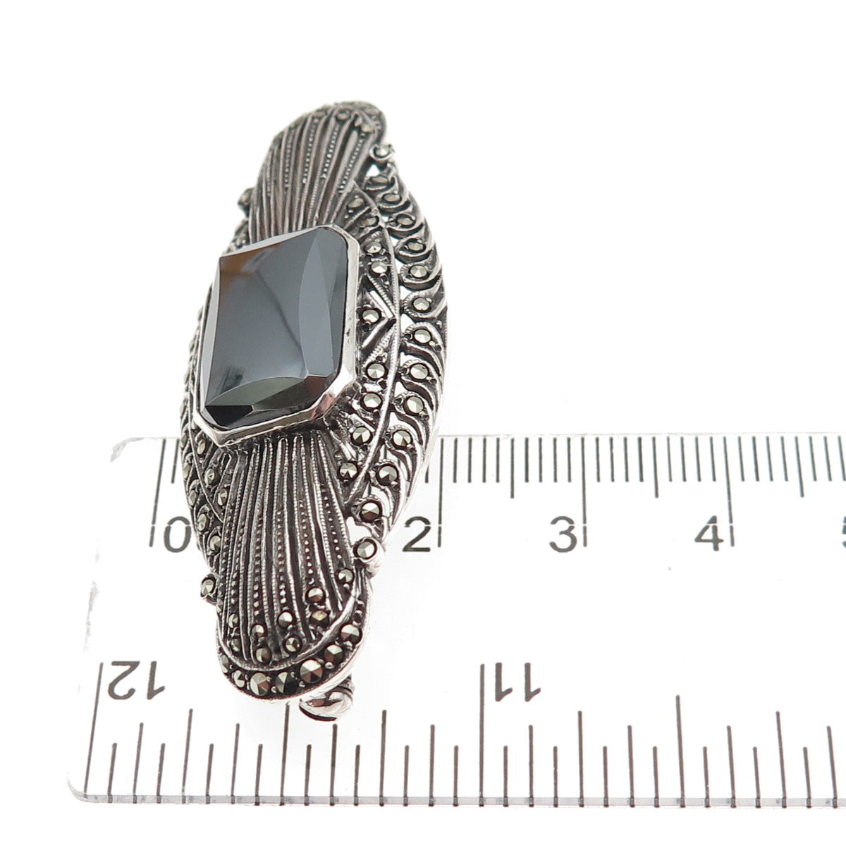925 Sterling Silver Antique Art Deco Germany Real Hematite Marcasite Pin Brooch