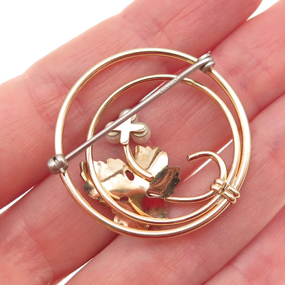 Krementz Gold Filled Vintage Real Pearl Floral Leaf Pin Brooch