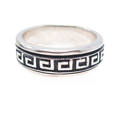 925 Sterling Silver Vintage Greek Key Rotating Band Oxidized Ring Size 9