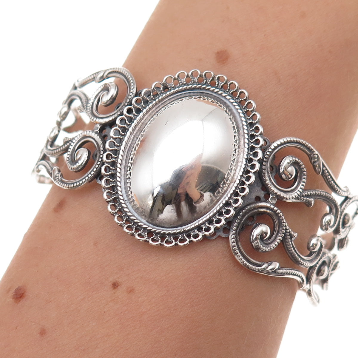 Beau 925 Sterling Silver Antique Art Deco Filigree Adjustable Bracelet 6.75"